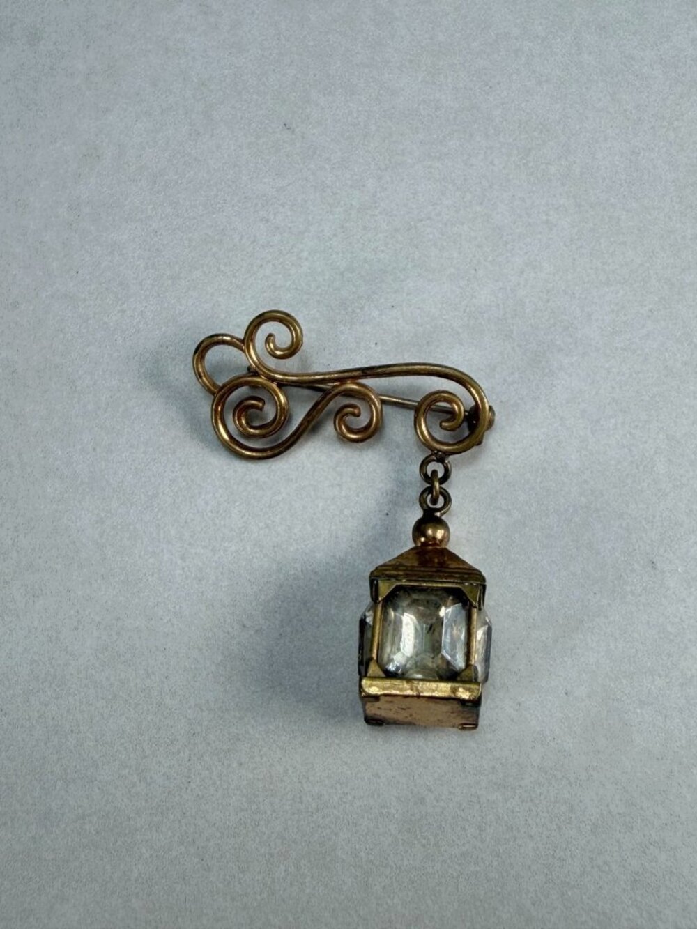 Vintage Calvaire Lamp Brooch Pin Dangling Lantern Clear Rhinestone
